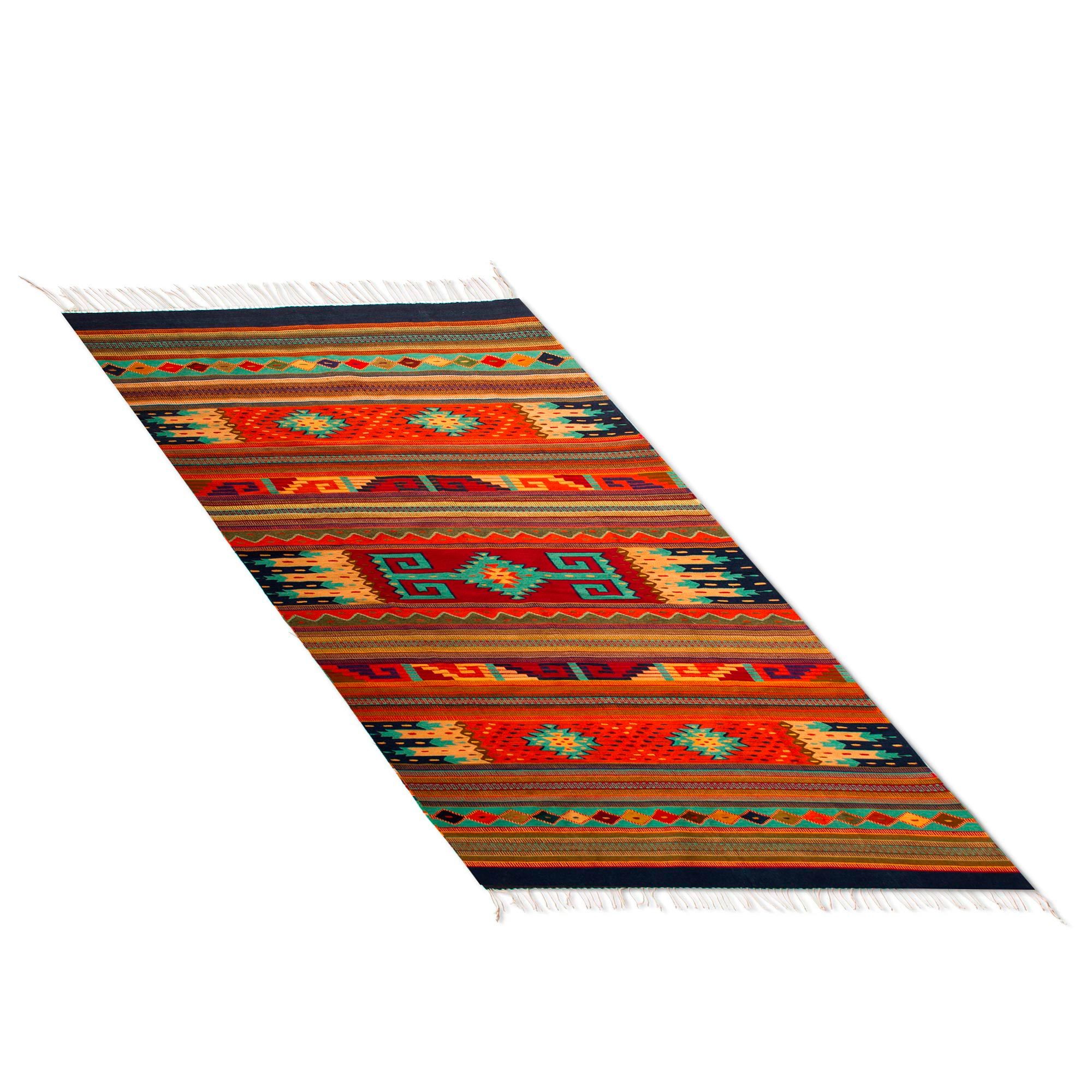 Hand Woven Wool Area Rug Geometric Designs Mexico Desert Character NOVICA