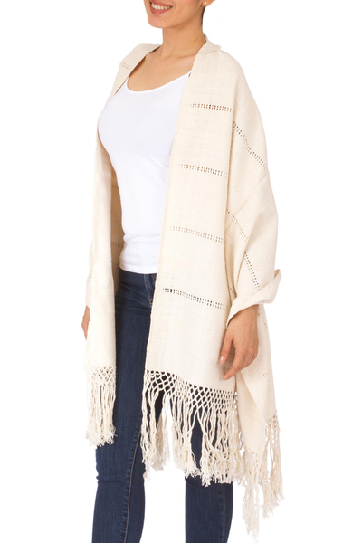 Rebozo-Schal aus Baumwolle, 'Zapotec Whisper - Handgewebter Zapotec-Schal aus naturbelassener, ungebleichter Baumwolle
