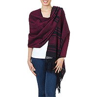 Cotton rebozo shawl, 'Zapotec Fiesta in Fuchsia' - Zapotec Handwoven Rebozo Shawl in Black and Fuchsia