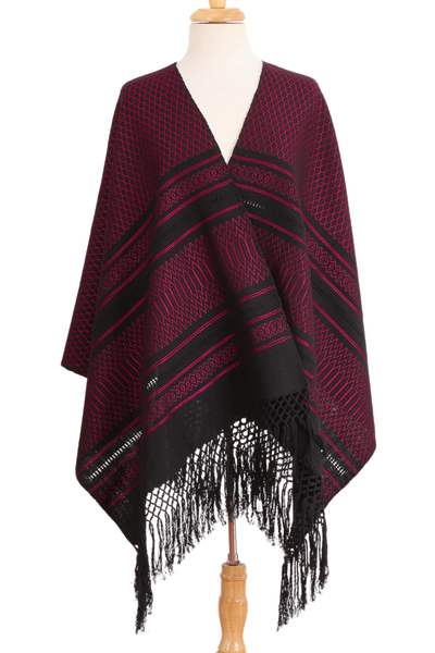 Rebozo-Schal aus Baumwolle - Handgewebter Rebozo-Schal von Zapotec in Schwarz und Fuchsia
