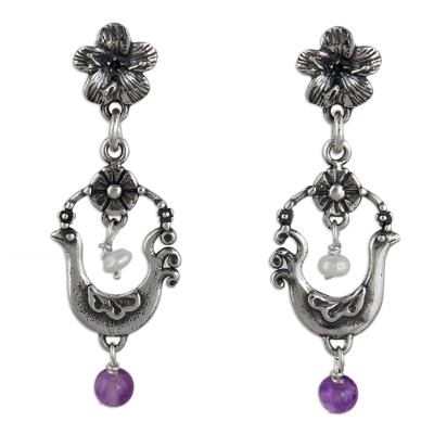 Amethyst and cultured pearl dangle earrings, 'Spring Birds' - Artisan Crafted Sterling Silver Earrings with Bird Motif