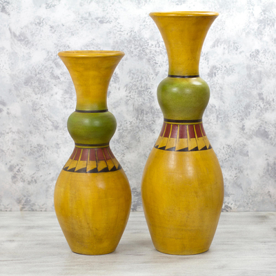 Ceramic decorative vases, 'Citrus Squeeze' (pair) - 30 and 24 Inch Tall Yellow Ceramic Decorative Vases