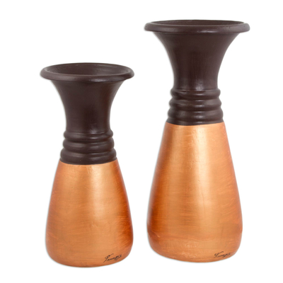 Ceramic vases, 'Coffee and Copper' (pair) - Set of 2 Handcrafted Ceramic Decorative Vases in Browns