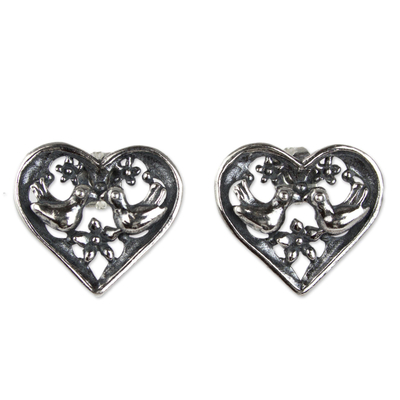 Sterling silver button earrings, 'Lovebird Heart' - Handcrafted Heart Shaped Sterling Silver Bird Earrings