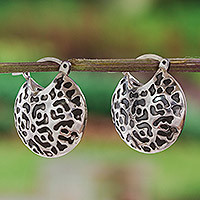 Sterling silver hoop earrings, 'Life of the Jaguar' - Hand Made Sterling Silver Spot Hoop Earrings from Mexico