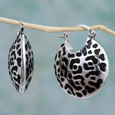 Sterling silver hoop earrings, 'Life of the Jaguar' - Hand Made Sterling Silver Spot Hoop Earrings from Mexico