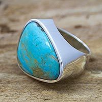 Turquoise cocktail ring, 'Asymmetrical Sea' - Mexican Taxco Silver Handcrafted Turquoise Women's Ring