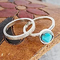 Turquoise and sterling silver stacking rings, 'Sky Glow' (pair) - Handcrafted Taxco Silver Turquoise Stacking Rings (Pair)