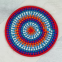 Natural fiber decorative mat, 'Festive Sun' - Colorful Mexican Ribbon on Coiled Palm Decorative Mat