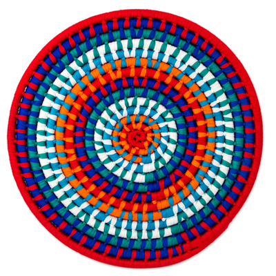 Natural fiber decorative mat, 'Festive Sun' - Colorful Mexican Ribbon on Coiled Palm Decorative Mat