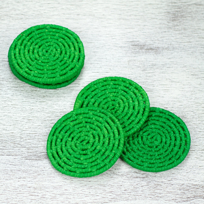 Natural fiber coasters, 'Party Jungle' (set of 6) - 6 Artisan Crafted Round Green Coasters Set from Mexico