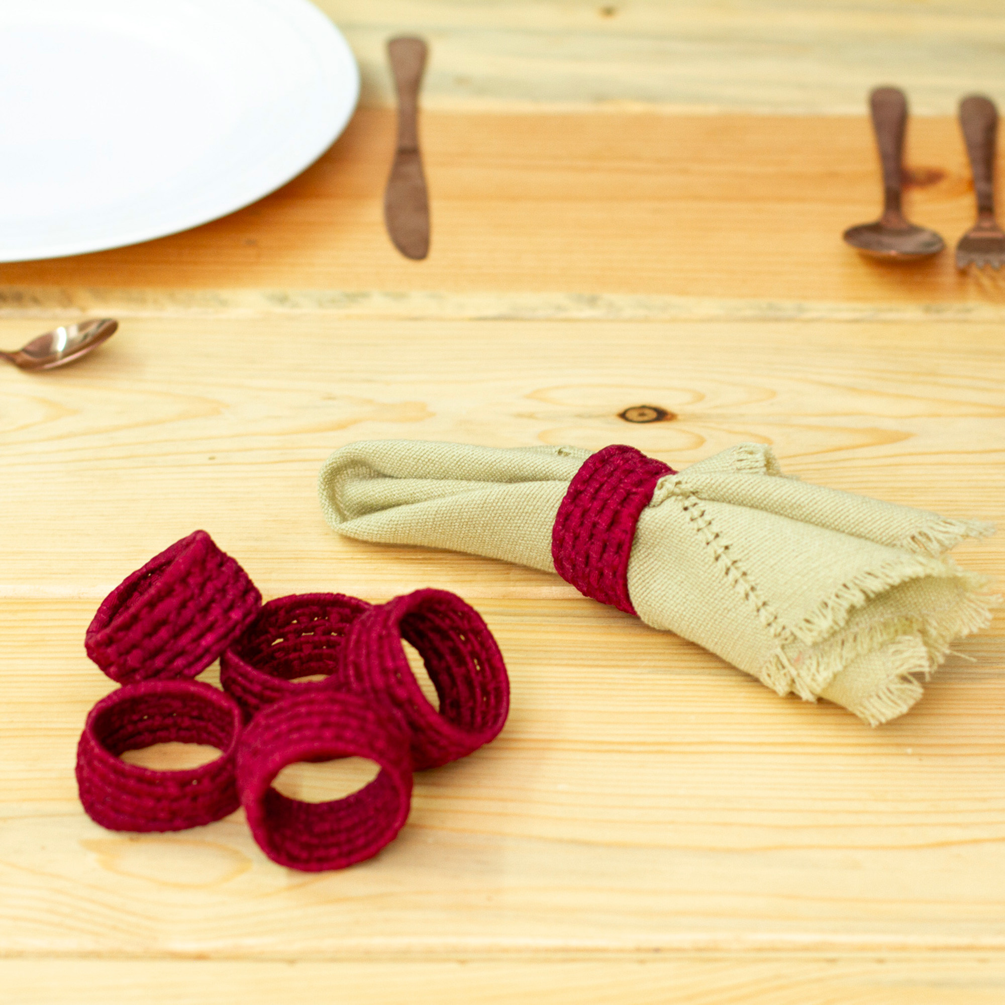 Handcrafted Burgundy Napkin Rings in Ribbon on Palm, 'Party Maroon'