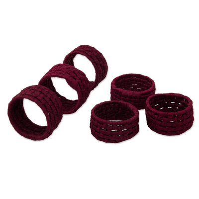 Natural fiber napkin rings, 'Party Maroon' (set of 6) - 6 Handcrafted Burgundy Napkin Rings in Ribbon on Palm