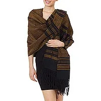 Zapotec cotton rebozo shawl, 'Fiesta in Black and Marigold' - Zapotec Handwoven Rebozo Shawl in Black and Marigold