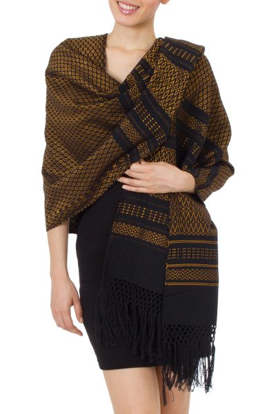 Zapotec cotton rebozo shawl, 'Fiesta in Black and Marigold' - Zapotec Handwoven Rebozo Shawl in Black and Marigold