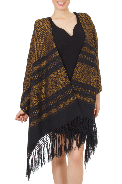 Rebozo-Schal aus zapotekischer Baumwolle, 'Fiesta in Schwarz und Ringelblume'. - Zapotec Handgewebter Rebozo-Schal in Schwarz und Ringelblume