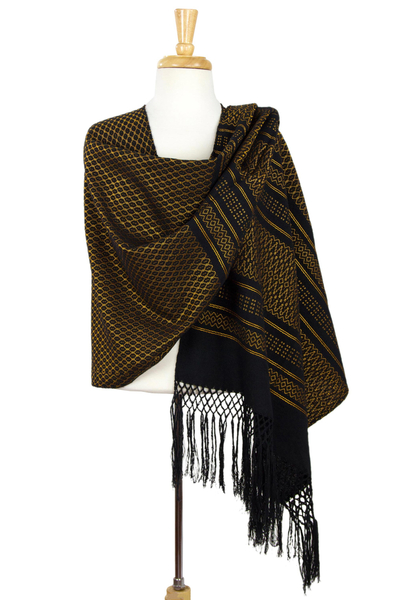 Zapotec cotton rebozo shawl, 'Fiesta in Black and Marigold' - Zapotec Handwoven Rebozo Shawl in Black and Marigold