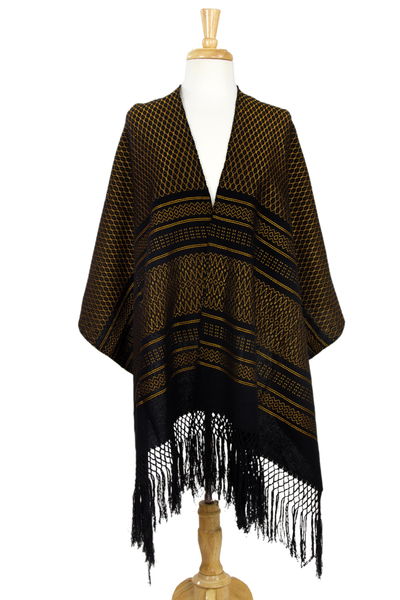 Zapotec cotton rebozo shawl, 'Fiesta in Black and Marigold' - Zapotec Handwoven Rebozo Shawl in Black and Marigold