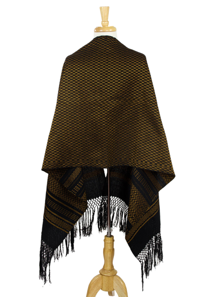 Rebozo-Schal aus zapotekischer Baumwolle, 'Fiesta in Schwarz und Ringelblume'. - Zapotec Handgewebter Rebozo-Schal in Schwarz und Ringelblume