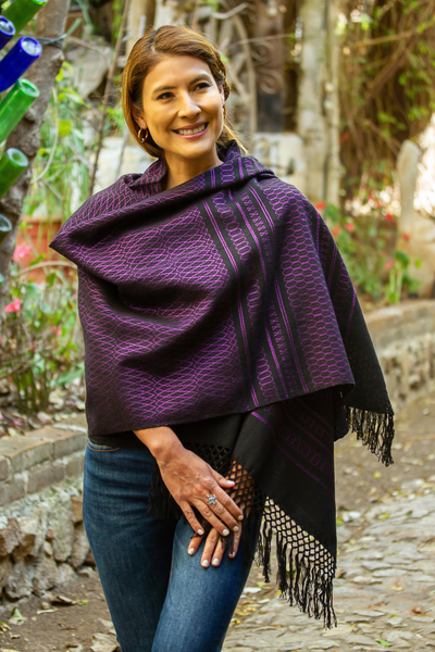 Zapotec cotton rebozo shawl, 'Fiesta in Black and Purple' - Zapotec Handwoven Black and Purple Rebozo Shawl