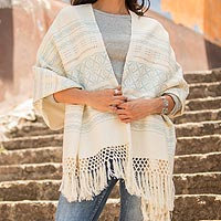 Zapotec cotton rebozo shawl, 'Azure Stars of Teotitlan' - Creamy Cotton Handwoven Shawl with Light Blue Stars