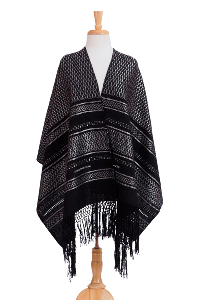Mantón de rebozo de algodón zapoteca, 'Fiesta en Negro y Plata' - Gris plateado sobre negro Mantón de rebozo zapoteca tejido a mano