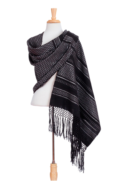 Rebozo-Schal aus Zapotec-Baumwolle - Silbergrau auf schwarzem handgewebtem Zapoteken-Rebozo-Schal