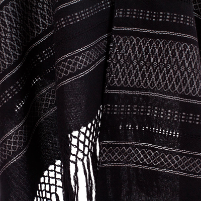 Mantón de rebozo de algodón zapoteca, 'Fiesta en Negro y Plata' - Gris plateado sobre negro Mantón de rebozo zapoteca tejido a mano