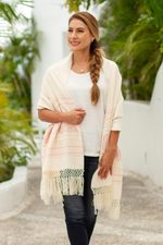 Zapotec cotton rebozo shawl, 'Pink Stars of Teotitlan' - Pink and Creamy Cotton Handwoven Zapotec Shawl