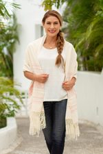 Zapotec cotton rebozo shawl, 'Pink Stars of Teotitlan' - Pink and Creamy Cotton Handwoven Zapotec Shawl