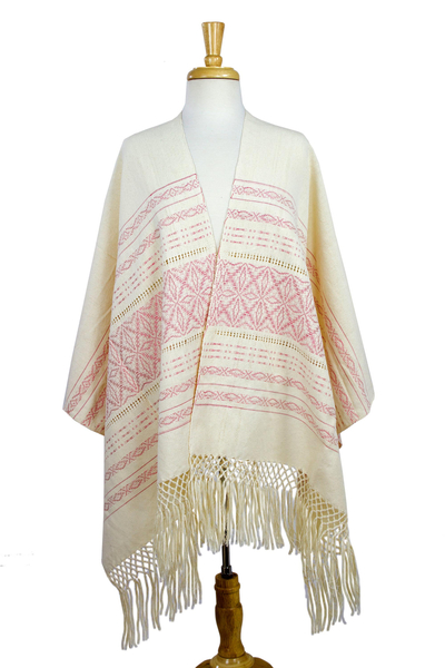 Rebozo-Schal aus Zapotec-Baumwolle - Handgewebter Zapotec-Schal aus rosa und cremiger Baumwolle