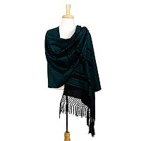 Zapotec cotton rebozo shawl, Fiesta in Black and Turquoise