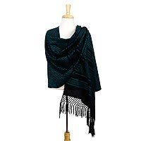 Mantón de rebozo zapoteco de algodón, 'Fiesta en Negro y Turquesa' - Mantón de rebozo zapoteca de algodón negro tejido a mano con turquesa