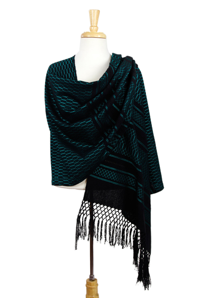Rebozo-Schal aus Zapotec-Baumwolle - Handgewebter Zapotec-Rebozo-Schal aus schwarzer Baumwolle mit Türkis