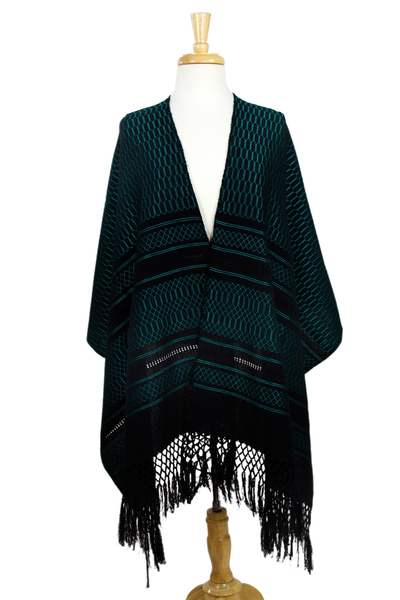 Zapotec cotton rebozo shawl, 'Fiesta in Black and Turquoise' - Handwoven Black Cotton Zapotec Rebozo Shawl with Turquoise