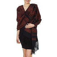 Zapotec cotton rebozo shawl, 'Fiesta in Black and Tangerine'