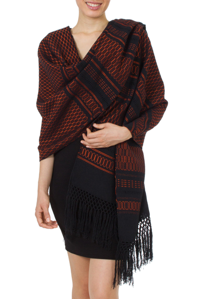 Zapotec cotton rebozo shawl, 'Fiesta in Black and Tangerine' - Black and Orange Handwoven Zapotec Rebozo Shawl