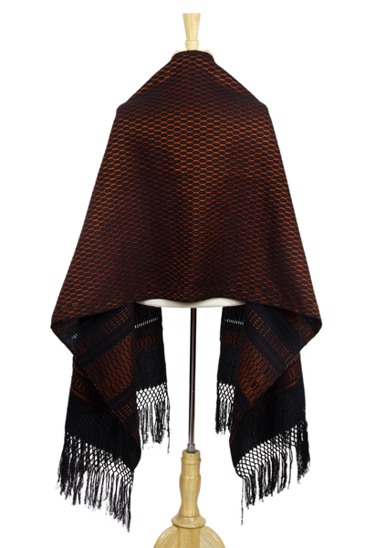 Rebozo-Schal aus zapotekischer Baumwolle, 'Fiesta in Schwarz und Mandarine'. - Handgewebter Zapotec Rebozo-Schal in Schwarz und Orange