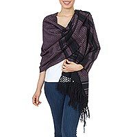 Mantón de rebozo de algodón zapoteca, 'Fiesta en Negro y Rosa' - Mantón de rebozo zapoteco tejido a mano en negro y rosa