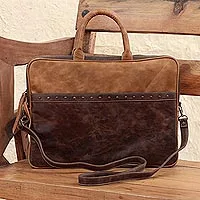 Laptoptasche aus Leder, „Cyber ​​Bohemian“ – Braune Laptoptasche aus mexikanischem Leder mit mehreren Taschen