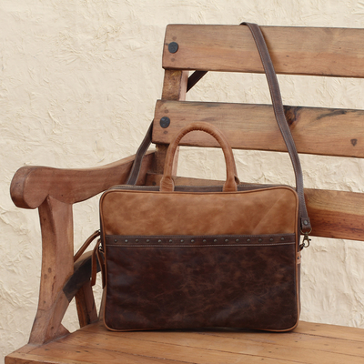 Leather laptop case, 'Cyber Bohemian' - Mexican Leather Brown Laptop Case with Multiple Pockets