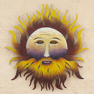 Steel wall sculpture, 'Bearded Sun' - Hand Made Steel Wall Sculpture of Sun Face from Mexico