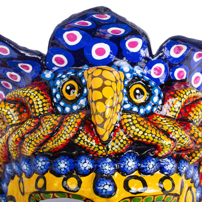 Papier mache mask, 'Kukulkan in Colors' - Handcrafted Signed Papier Mache Mexican Plumed Serpent Mask
