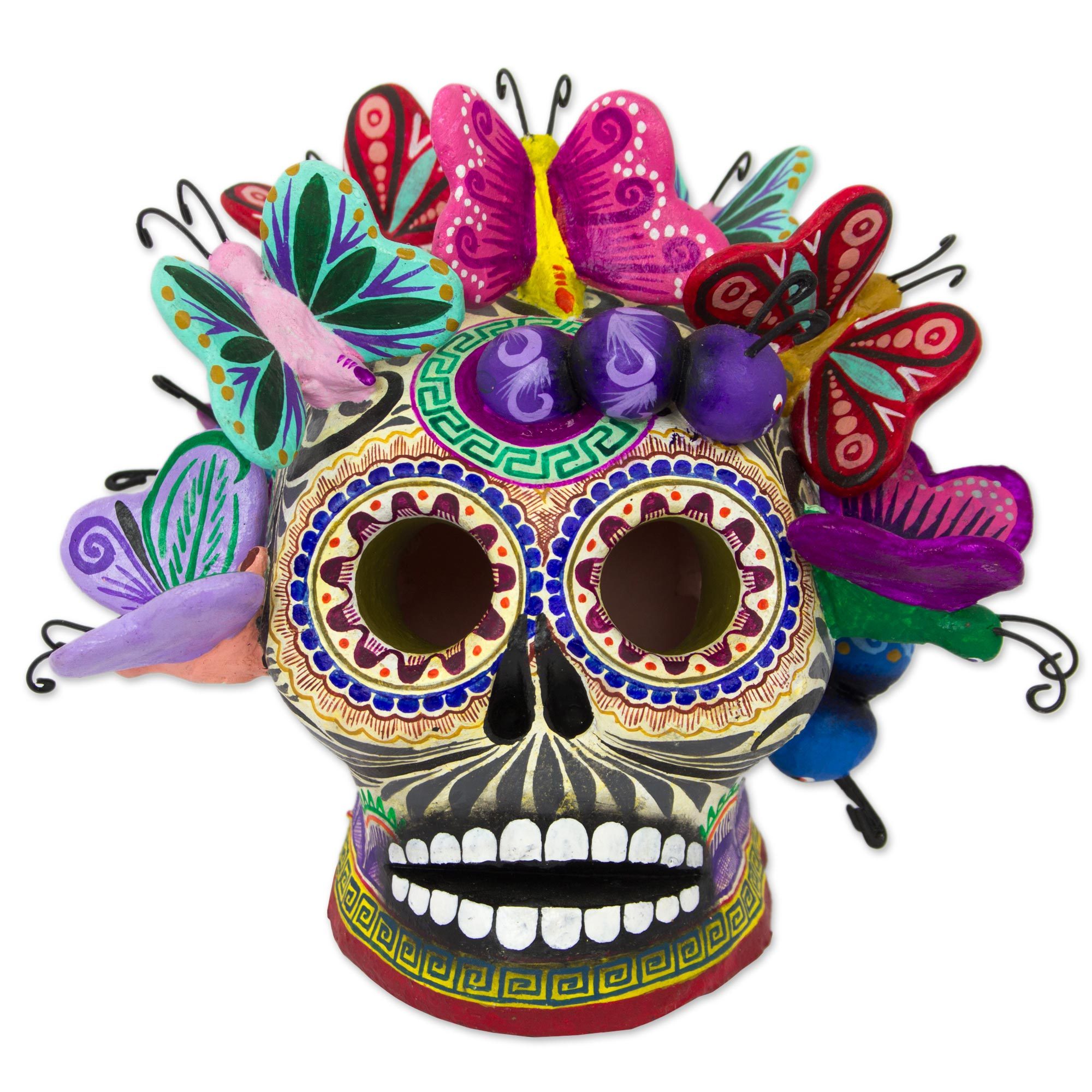 Hand Made Ceramic Sculpture Skull and Butterfly from Mexico Colorful