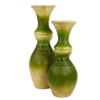 Ceramic decorative vases, 'Ripe Pears' (pair) - Pear Motif Decorative Ceramic Vases in Green (Pair)