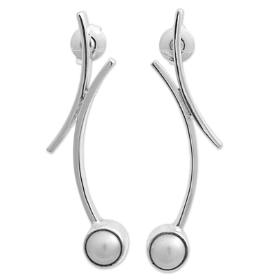 Cultured pearl drop earrings, 'Curvy Beauty' - 950 Silver Cultured Pearl Drop Earrings from Mexico