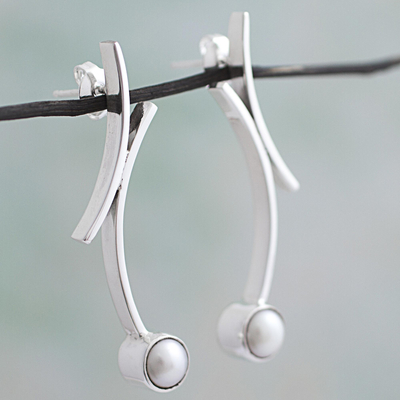 Cultured pearl drop earrings, 'Curvy Beauty' - 950 Silver Cultured Pearl Drop Earrings from Mexico