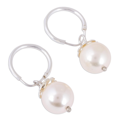 Swarovski crystal pearl dangle earrings, 'Flower Bud' - Swarovski Pearl Sterling Silver Dangle Earrings from Mexico