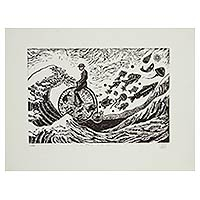 'Facing the Wave' - Surreal Man on Bike with Fish Etched Print Limited Edition