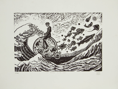 'Facing the Wave' - Surreal Man on Bike with Fish Etched Print Limited Edition